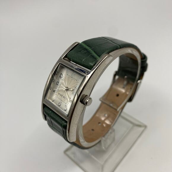 Nine West Silver Tone Square Dial Green Leather Band Watch Working New Battery - Picture 7 of 7